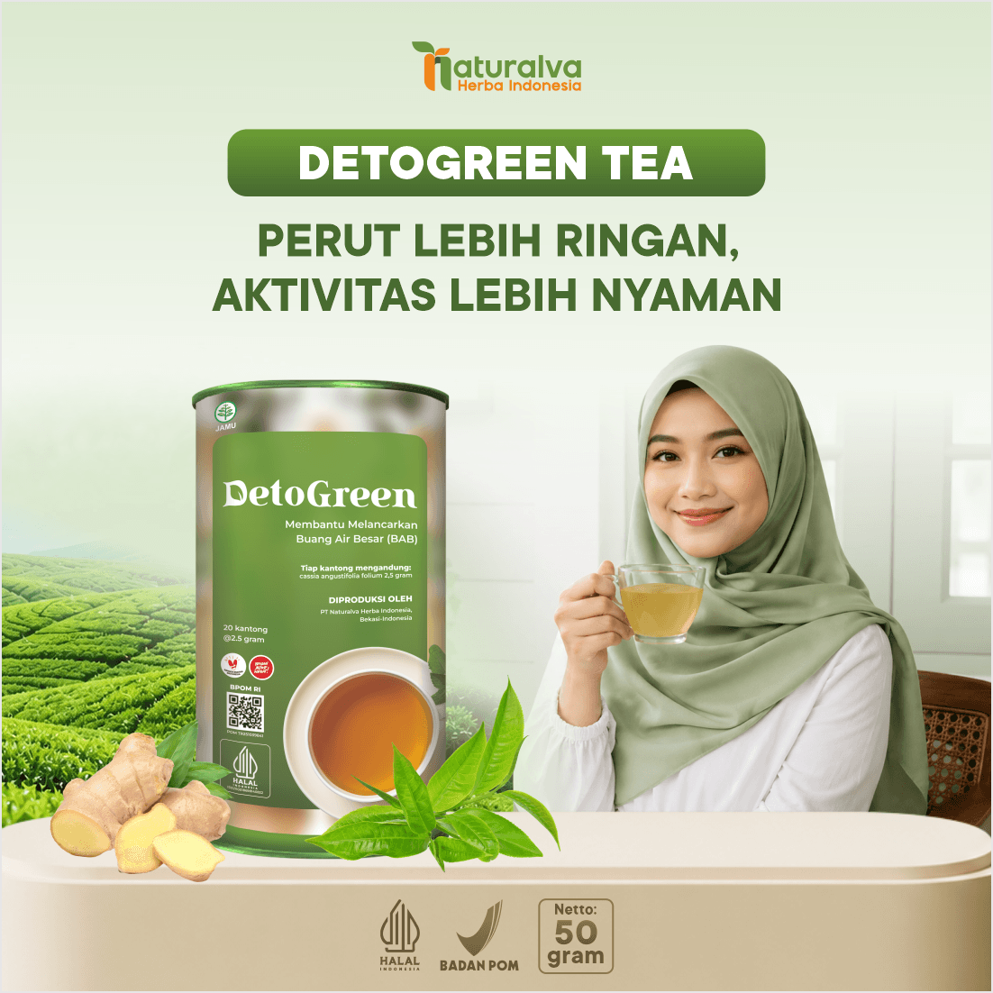 Detogreen Tea Minuman Teh Herbal Bantu Melancarkan Buang Air Besar  50 Gram