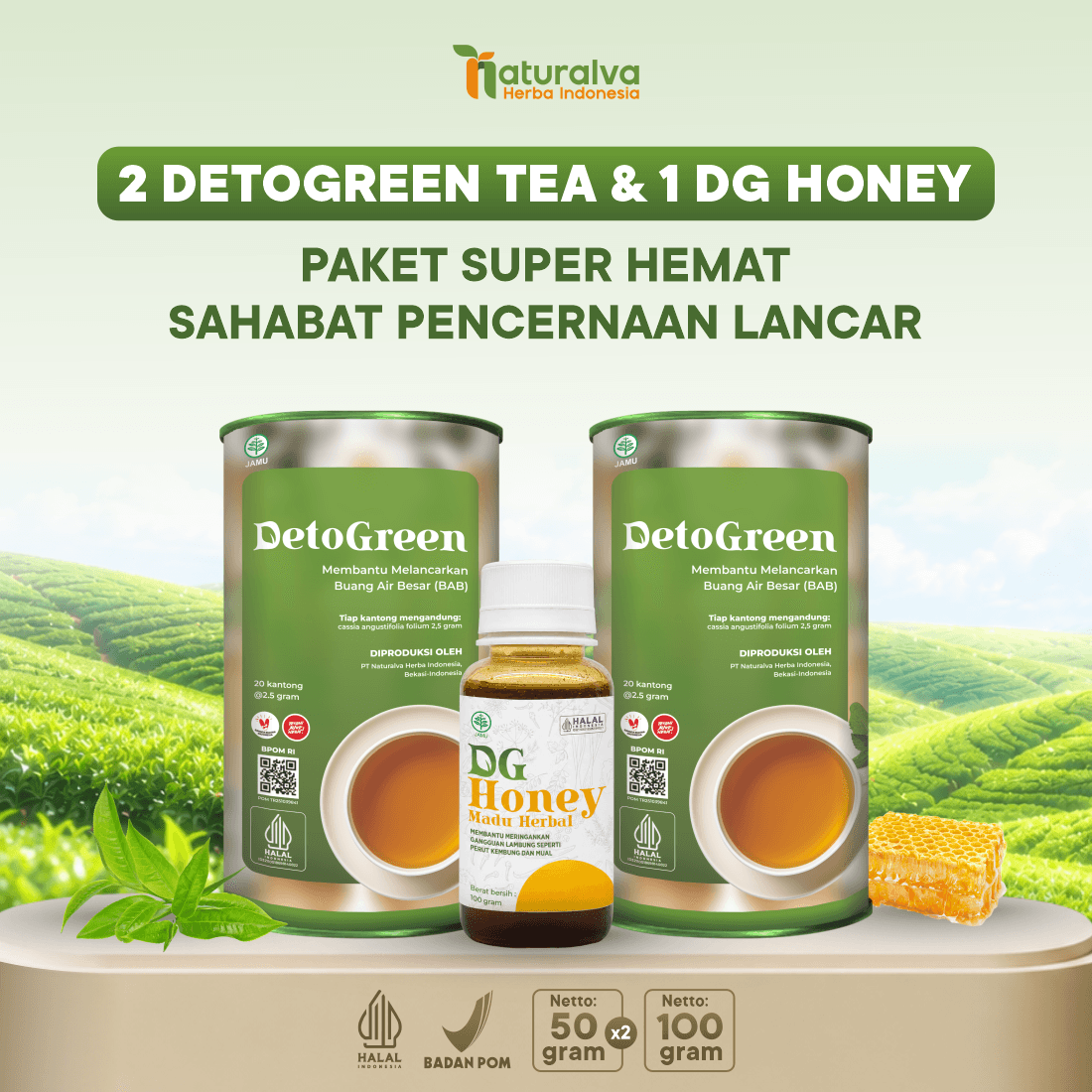 (PAKET HEMAT) 2 Detogreen Tea dan 1 Detogreen Honey Sahabat Pencernaan Lancar