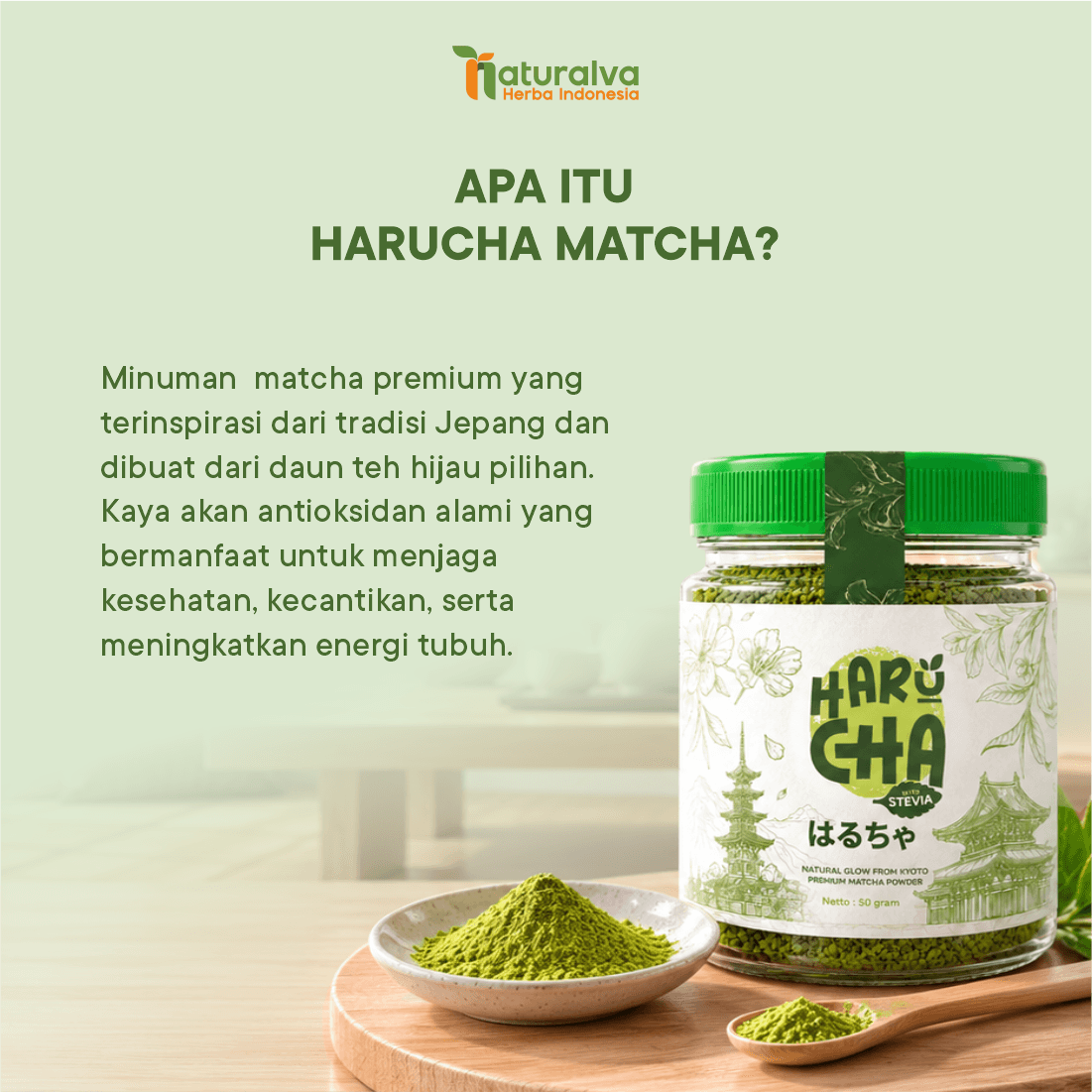 Harucha Matcha Minuman Premium dari Gula Stevia Alami 50 Gram 2