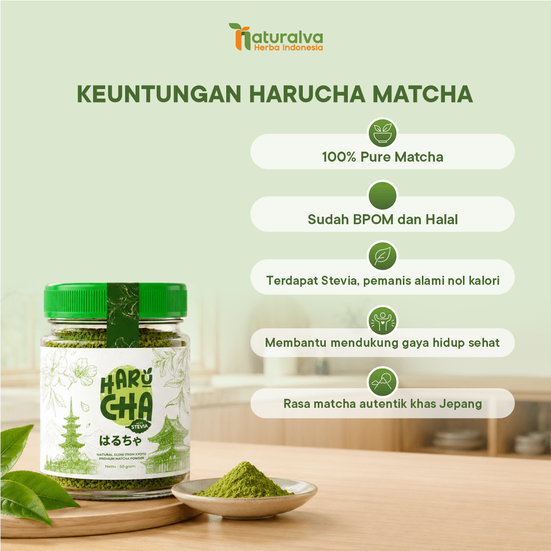 Harucha Matcha Minuman Premium dari Gula Stevia Alami 50 Gram 3